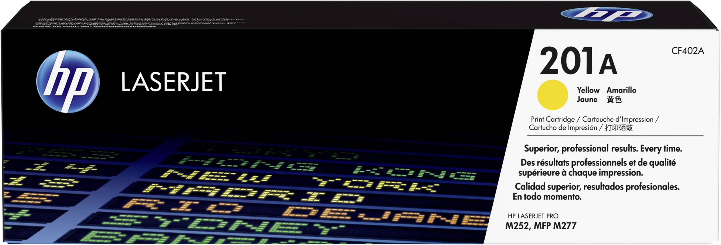 'Cartouche de toner jaune HP LaserJet 201A, Modèle CF402A. Compatible avec les imprimantes M252, MFP M277. Offre une qualité d'impression professionnelle.'