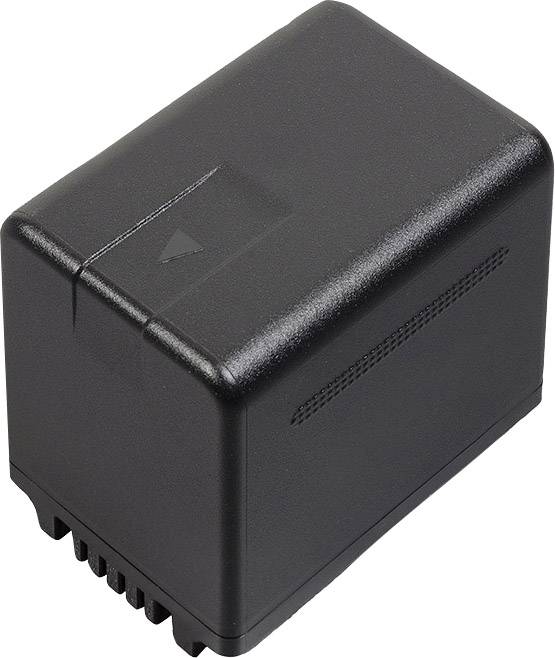 Une batterie noire rectangulaire pour caméra ou caméscope, avec une flèche sur le dessus indiquant le sens de chargement ou d'insertion.