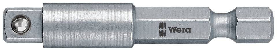 Porte-embout métallique avec rallonge hexagonale et connexion par vis, portant le nom de marque 'Wera' sur le côté.