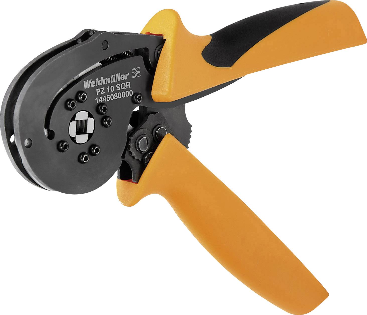 Une pince à sertir orange portant l'inscription 'Weldmüller PZ 10 SQR', adaptée pour le sertissage de cosses de câble.