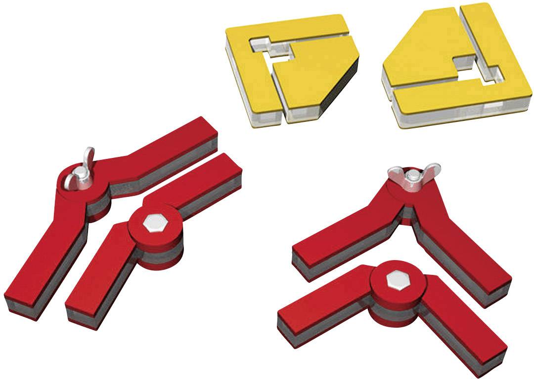 Quatre blocs magnétiques flexibles : deux jaunes, deux rouges. Les rouges avec des branches ajustables, les jaunes fixes. Utilisés pour maintenir des pièces métalliques.