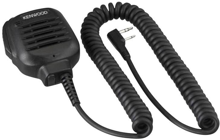Microphone à main avec câble spiralé et fiche double. Marqué 'KENWOOD'. Conçu pour la communication avec des radios.