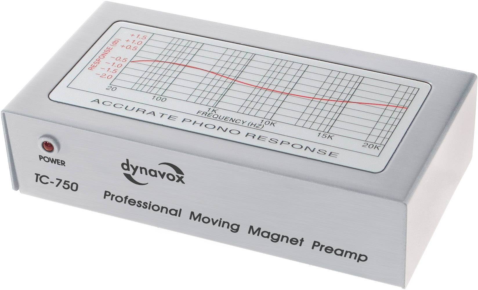 Préamplificateur phono argenté avec un diagramme de réponse en fréquence sur le dessus. Inscription : « Réponse phono précise ».