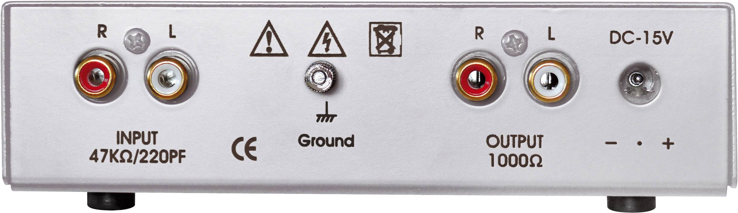 Arrière d'un amplificateur audio avec des connecteurs d'entrée et de sortie marqués L et R. Autres symboles d'avertissement et connexion de courant continu.