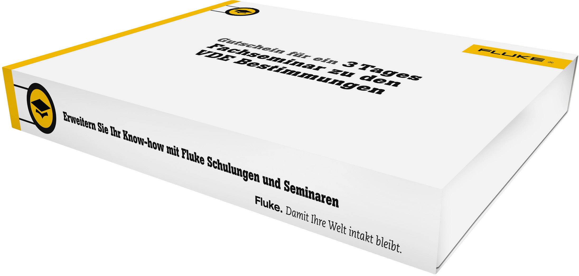 Une enveloppe blanche avec un texte noir et jaune : « Cadeau pour une participation de 3 jours aux dispositions VDE ». Logo Fluke visible.