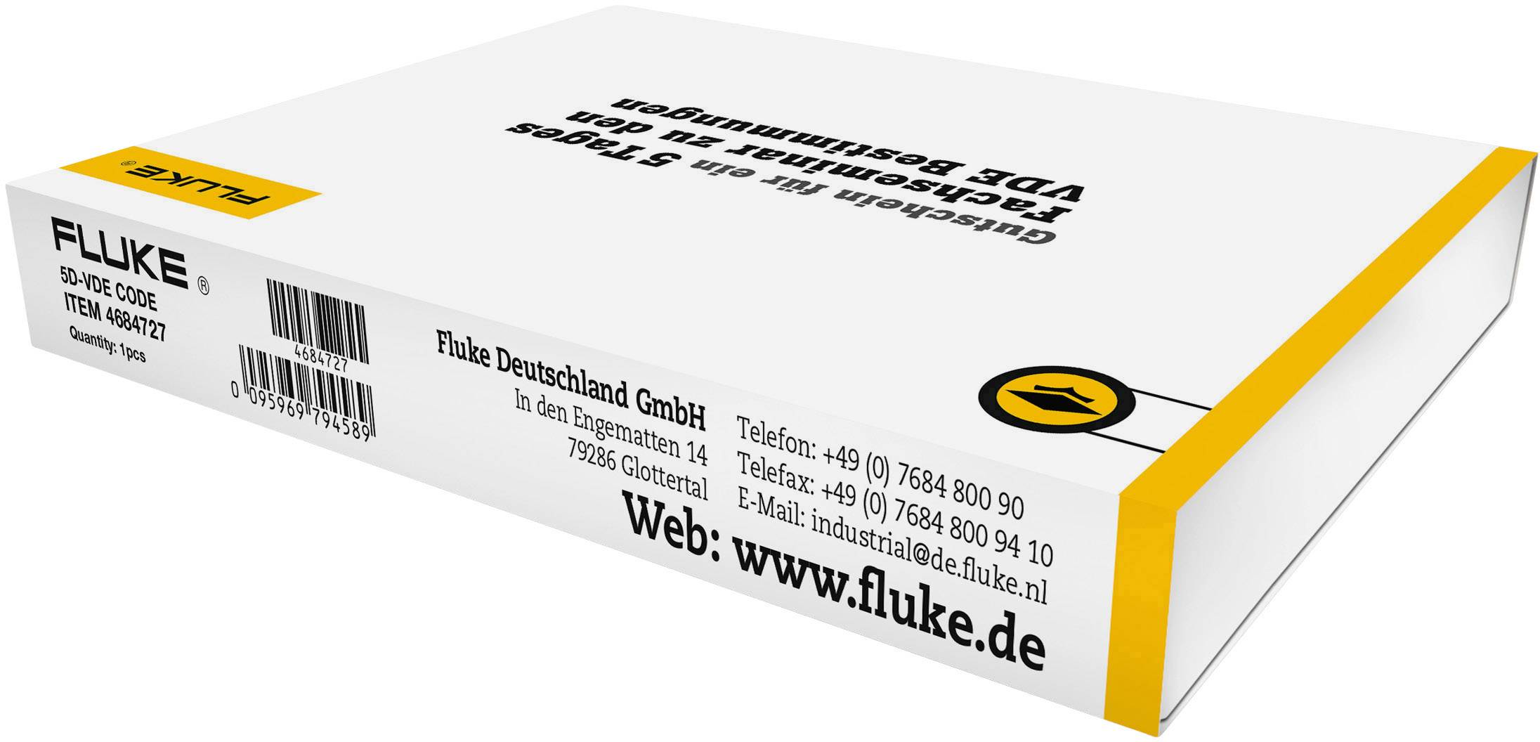 Emballage d'une pointe de test Fluke. Contient les coordonnées de Fluke Deutschland GmbH ainsi qu'un site web et des numéros de téléphone.