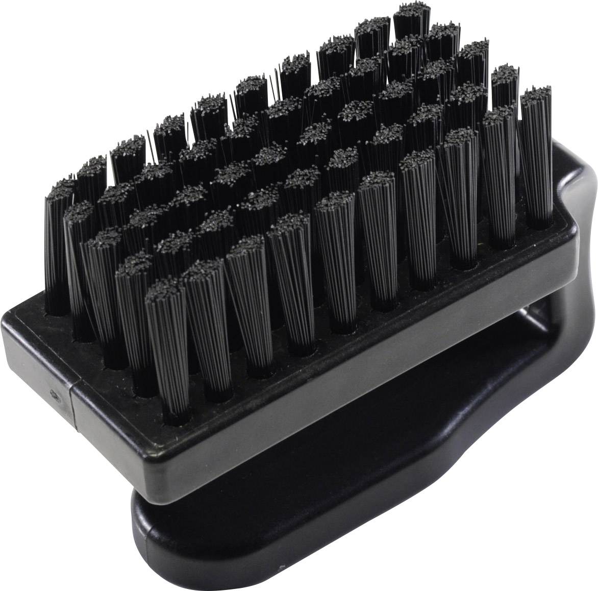 Une brosse de nettoyage noire avec un manche court et des poils denses, adaptée au nettoyage des chaussures ou des surfaces délicates.