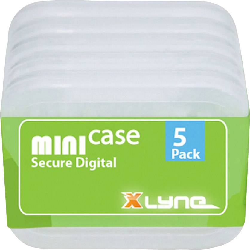 Boîte en plastique portant l'inscription « mini case Secure Digital 5 Pack ». Logo de marque « XLYNE » en bas à droite sur une étiquette verte.