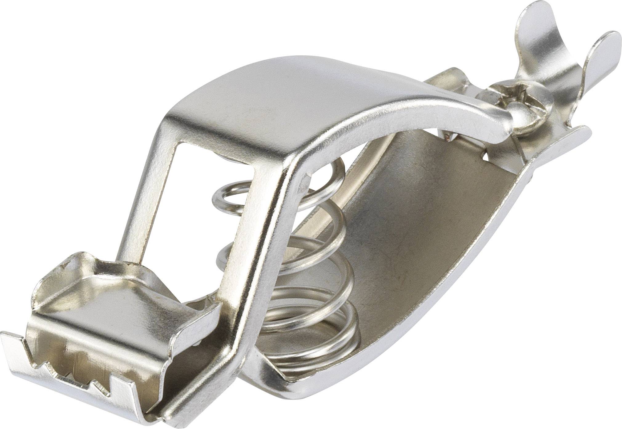 Pince métallique à mécanisme à ressort, adaptée pour fixer des toiles ou des cordages. Robuste et durable, conçue pour une utilisation polyvalente.