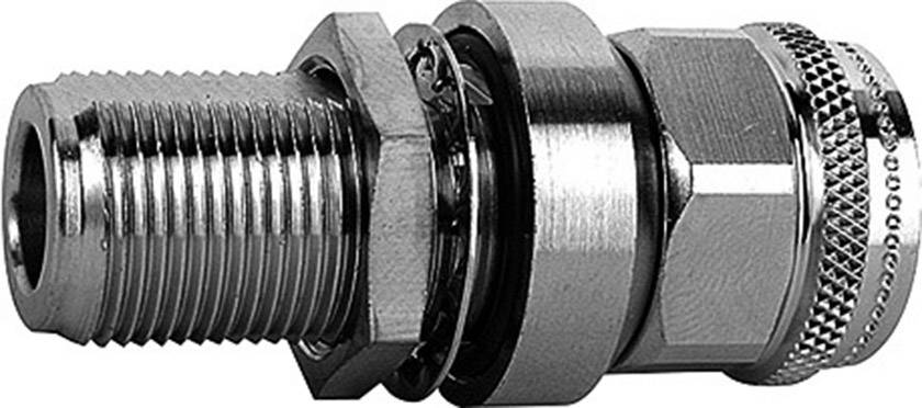 Fiche métallique avec écrou hexagonal et bords cannelés. Utilisée pour les connexions de câbles coaxiaux dans les appareils électroniques.