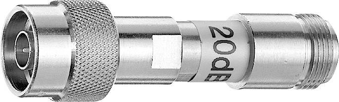 Un atténuateur argenté de 20 dB pour câbles coaxiaux, avec poignée cannelée et filetage de connexion.