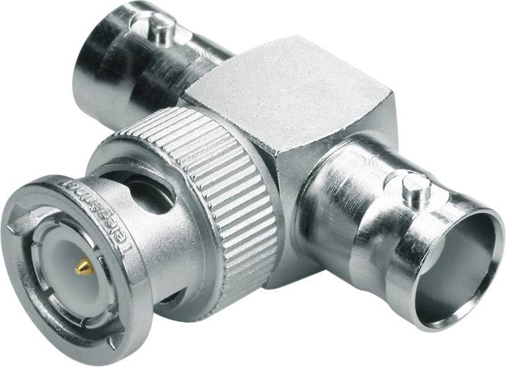 Connecteur en T BNC en métal avec trois points de connexion pour câbles coaxiaux. Adapté pour la distribution de signaux dans les systèmes de télévision et de surveillance.