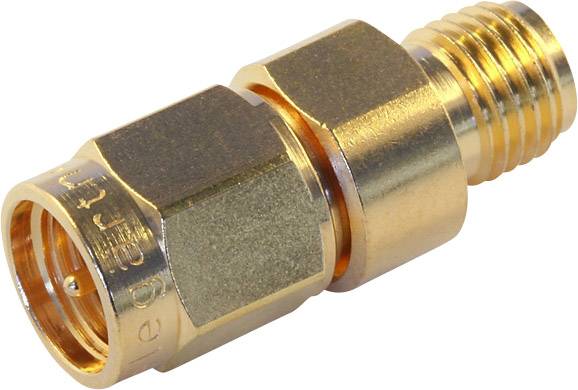 Un adaptateur coaxial RF doré avec une connexion mâle et une connexion femelle, essentiel pour connecter des câbles haute fréquence.