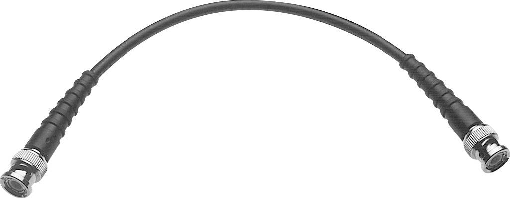 Un câble coaxial noir avec des connecteurs BNC aux deux extrémités, caractérisé par un revêtement flexible et rainuré.