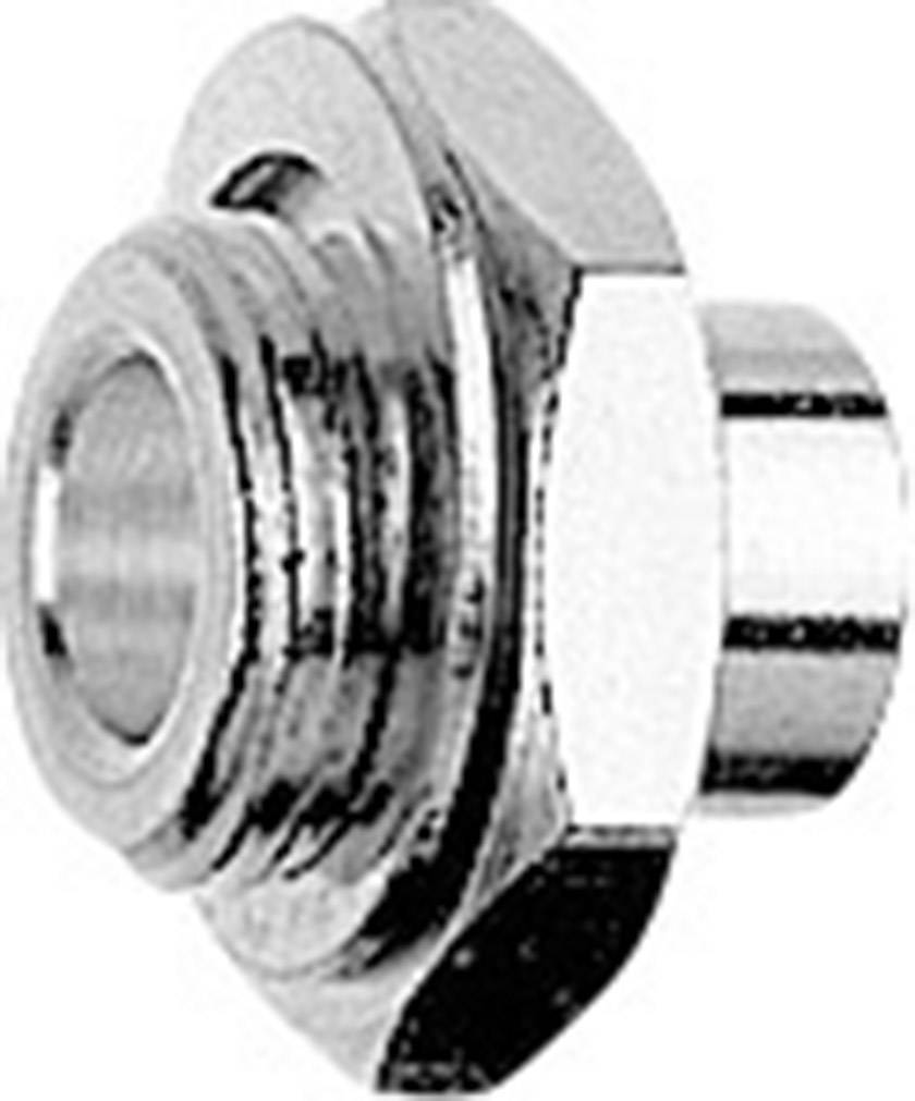 Bride hexagonale métallique avec ouverture centrale traversante, adaptée aux connexions dans les systèmes hydrauliques ou pneumatiques.