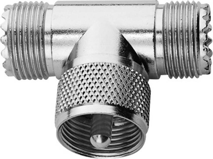 Un connecteur métallique en T avec trois raccords filetés de même taille, utilisé pour la connexion de tubes ou de câbles.