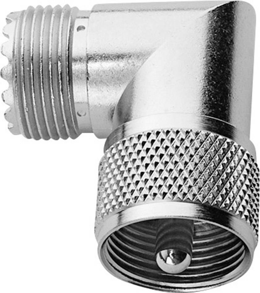 Petit adaptateur angulaire métallique à poignée striée, utilisé pour les connexions d'antenne ou de câbles coaxiaux.