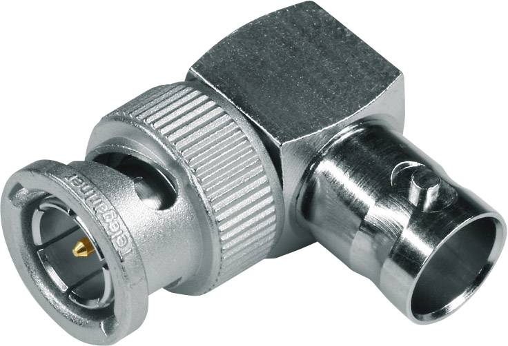 Un adaptateur d'angle BNC métallique avec bague striée et mécanisme de verrouillage, adapté aux connexions de câbles coaxiaux.