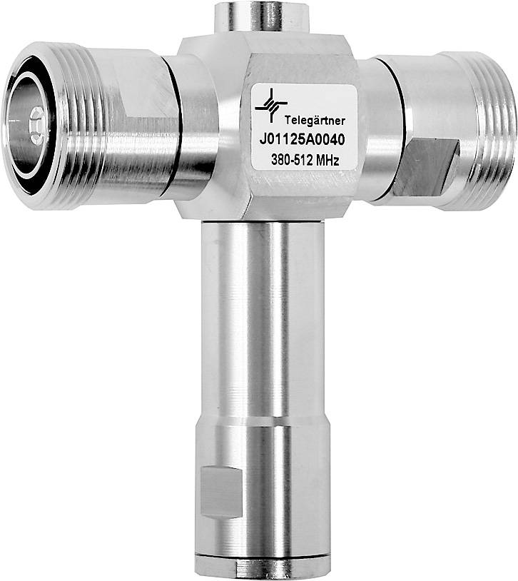 Un répartiteur coaxial triple en métal avec deux connecteurs mâles et un connecteur femelle, adapté pour des fréquences de 380-512 MHz.