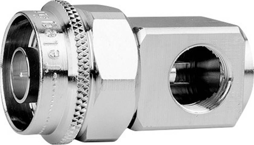 Une fiche métallique brillante, probablement un connecteur coaxial, avec un raccordement hexagonal et un anneau cannelé.