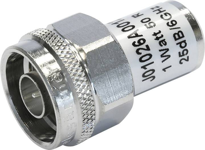 Un atténuateur RF argenté portant l'inscription '1 Watt 50 Ohms 25dB 6GHz', d'un fabricant réputé.