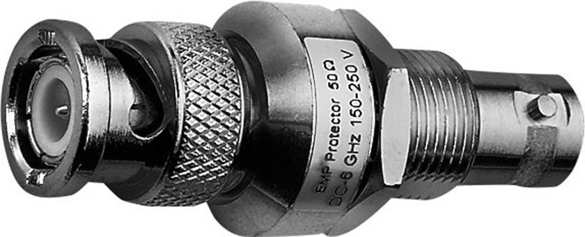 Connecteur coaxial sur fond blanc, étiqueté 'EMP Protector 50 Ω DC-8 GHz 150-250 V', utilisé pour les connexions de signaux.