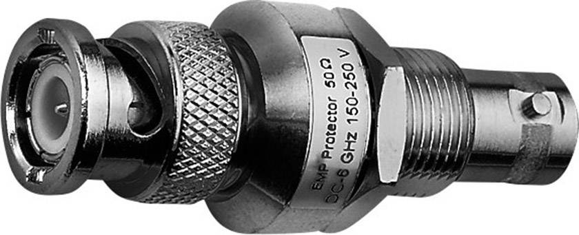 Un protecteur EMP avec connecteurs BNC, adapté aux fréquences de DC à 6 GHz et aux tensions de 150-250 V, conçu pour prévenir les dommages dus aux surtensions.