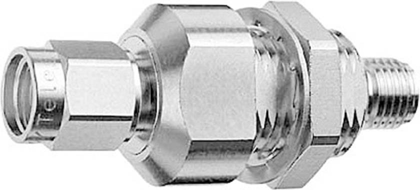Connecteur pneumatique métallique à corps hexagonal avec raccords filetés sur les deux côtés.