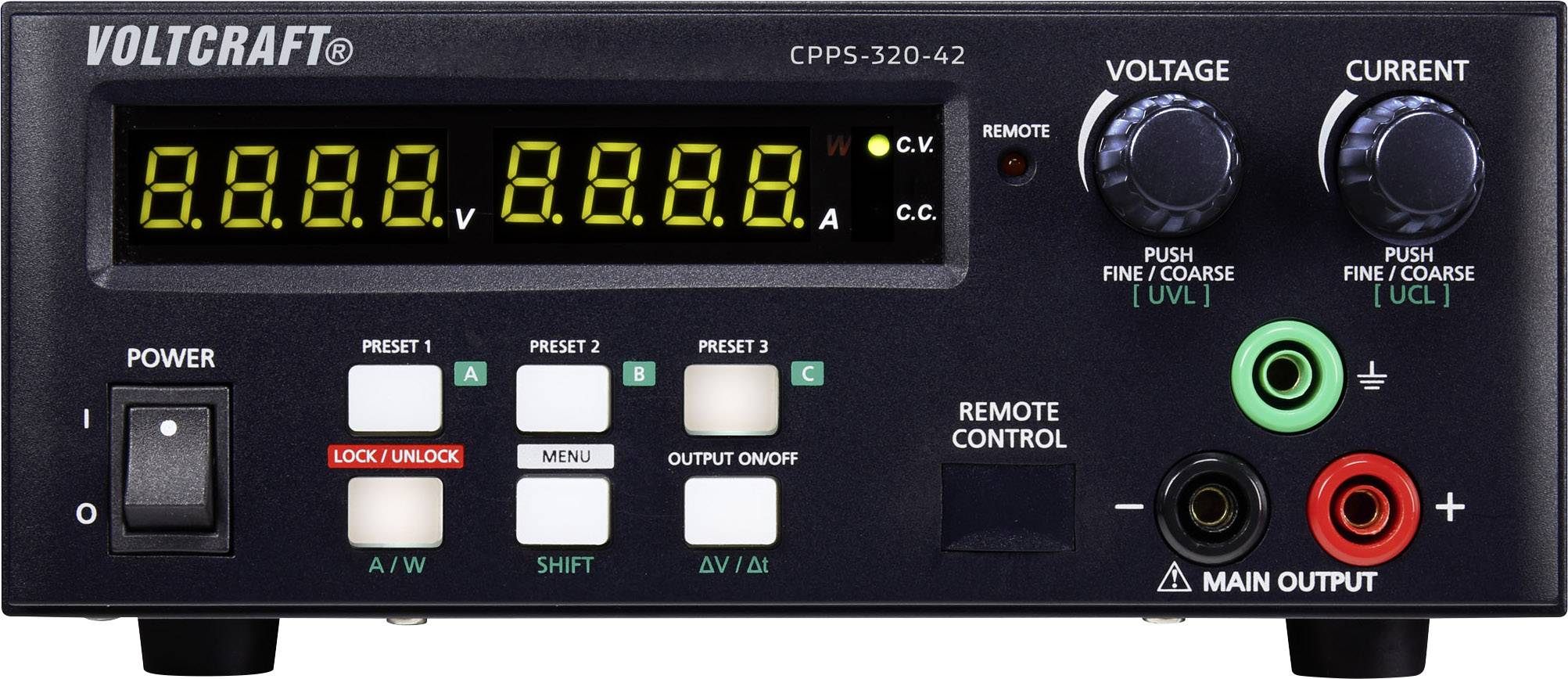 'Voltcraft CPPS-320-42' Alimentation électrique avec affichage numérique, touches de réglage de tension et d'intensité, et connexions pour la sortie de courant.