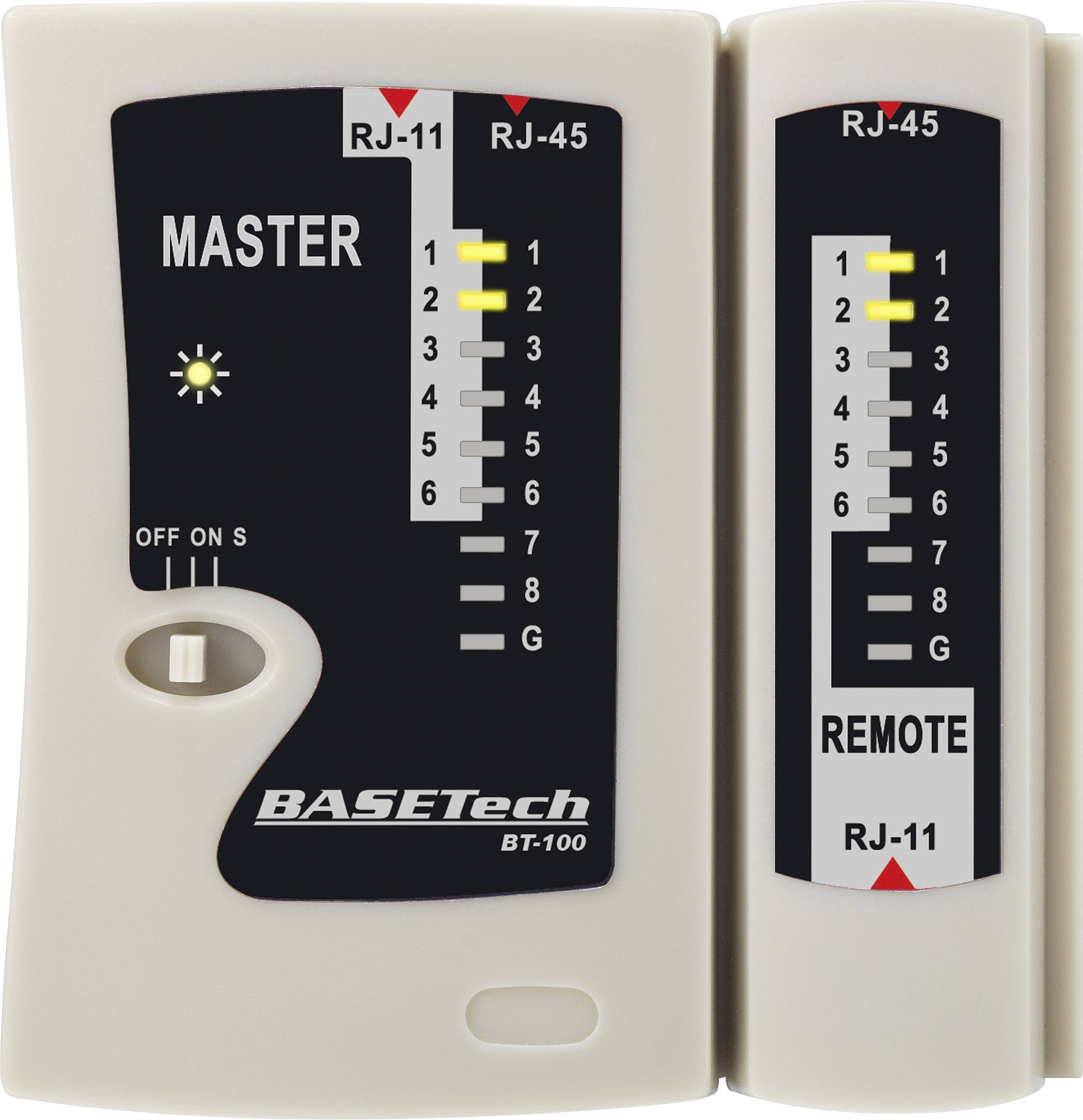 Ensemble de testeur de réseau avec unité principale et unité distante, LEDs indiquant les connexions de câbles, interrupteur marche/arrêt, modèle : BASETech BT-100.