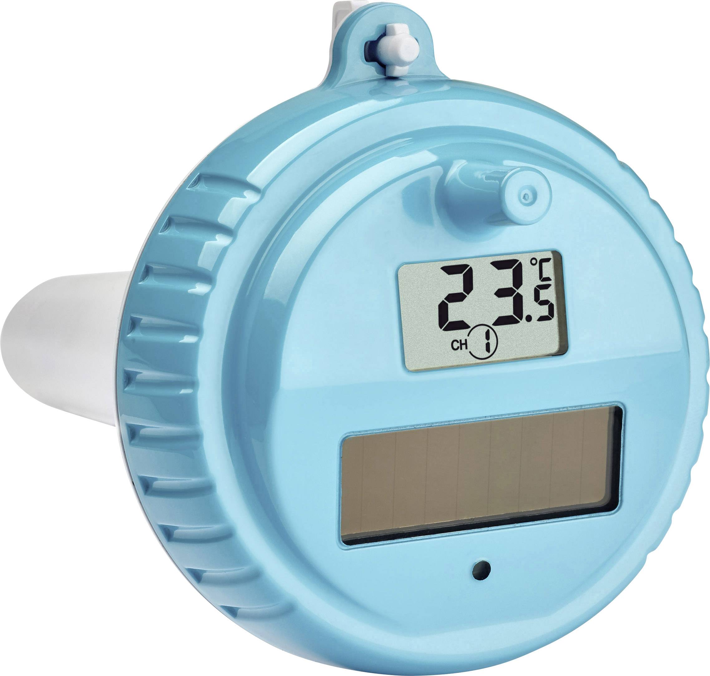 Thermomètre de piscine numérique bleu avec panneau solaire affichant '23,5°C'. Idéal pour surveiller la température de l'eau.