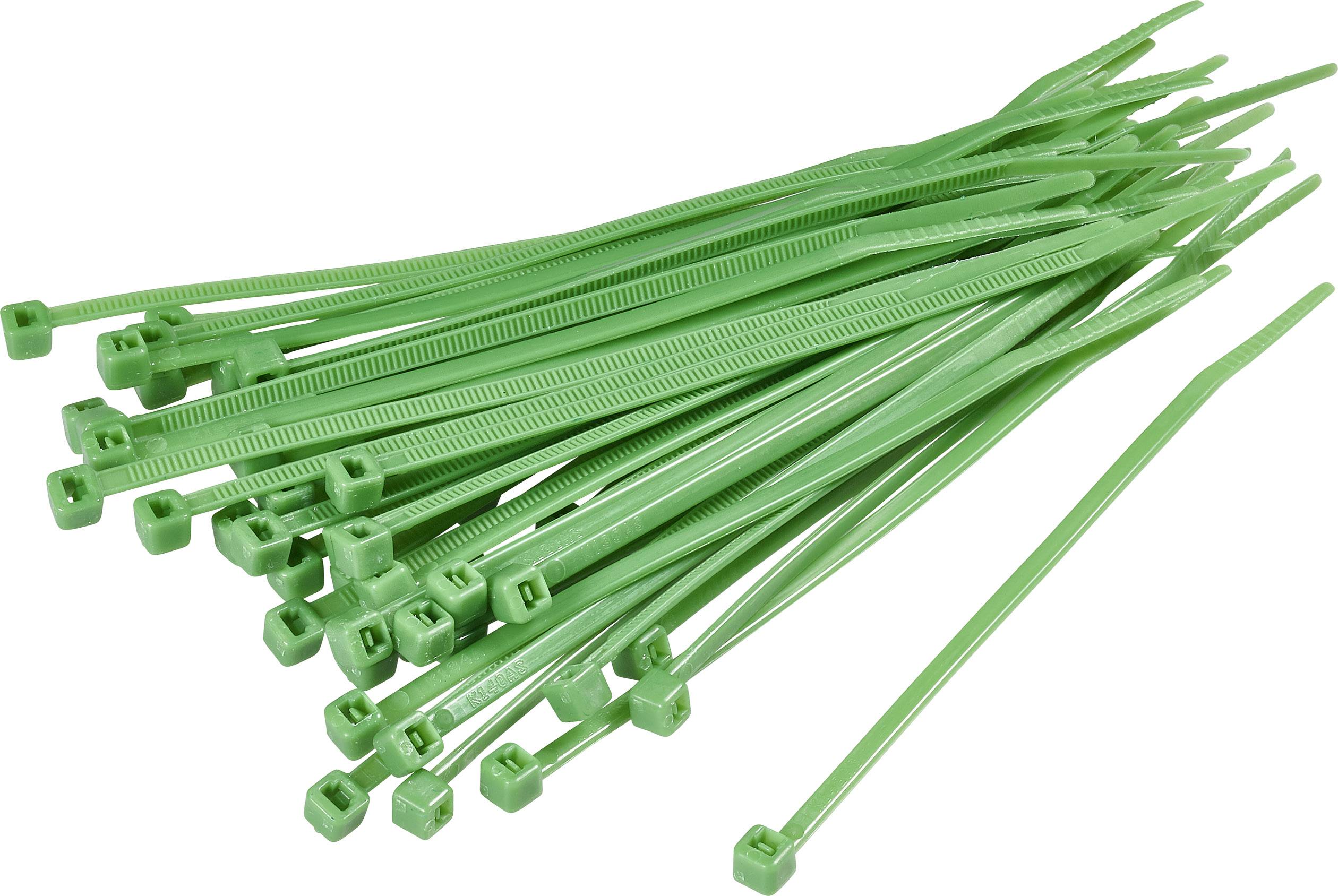 Un lot de colliers de serrage verts, empilés. Ils sont fabriqués en plastique et servent à maintenir les câbles ensemble.