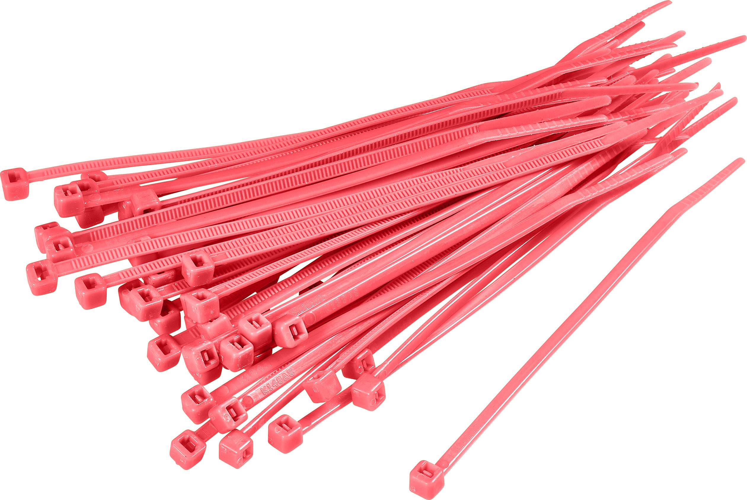 Des attaches de câbles en plastique rouge de différentes longueurs sont empilées.