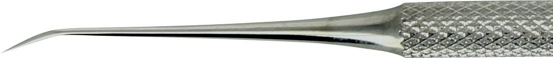 Gros plan d'un instrument dentaire pointu et métallique avec une poignée texturée, utilisé pour le nettoyage des dents.