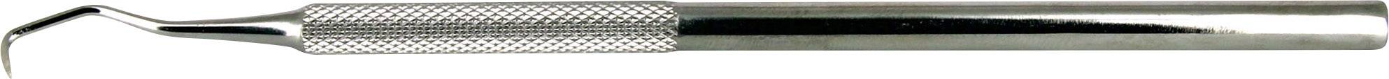 Un instrument dentaire avec une extrémité courbée et une poignée striée, utilisé pour le nettoyage ou l'examen des dents.