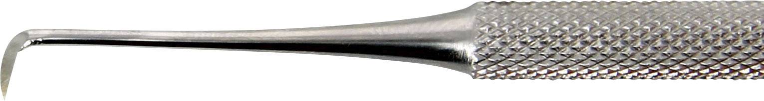 Un instrument de détartrage dentaire en métal avec une extrémité recourbée, utilisé pour le nettoyage des dents et l'élimination de la plaque dentaire.