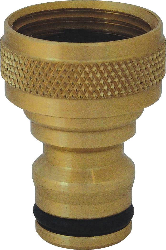 Raccord de jardin en laiton avec poignée crantée et joint noir, compatible avec les raccords de tuyau d'arrosage standard.