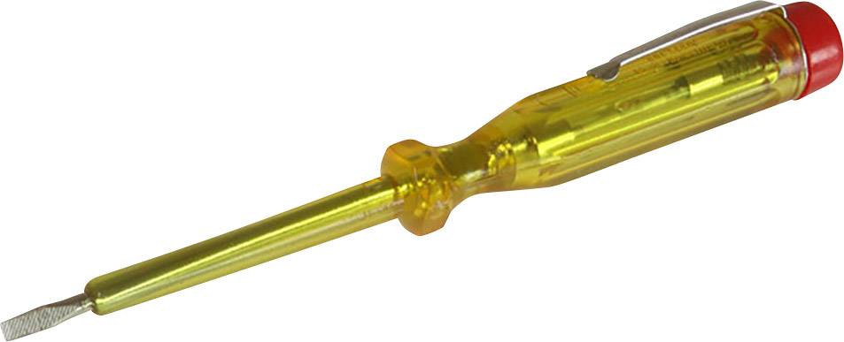 Testeur de tension à poignée transparente jaune et pointe métallique, utilisé pour vérifier le courant électrique dans les fusibles et les prises de courant.