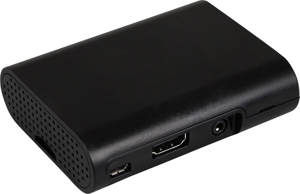 Appareil électronique noir compact avec ports HDMI et USB. Probablement un adaptateur ou un périphérique multimédia.