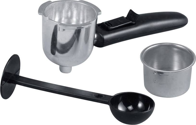 Cafetière avec pièces amovibles : récipient métallique avec poignée, petit récipient supplémentaire et cuillère noire.