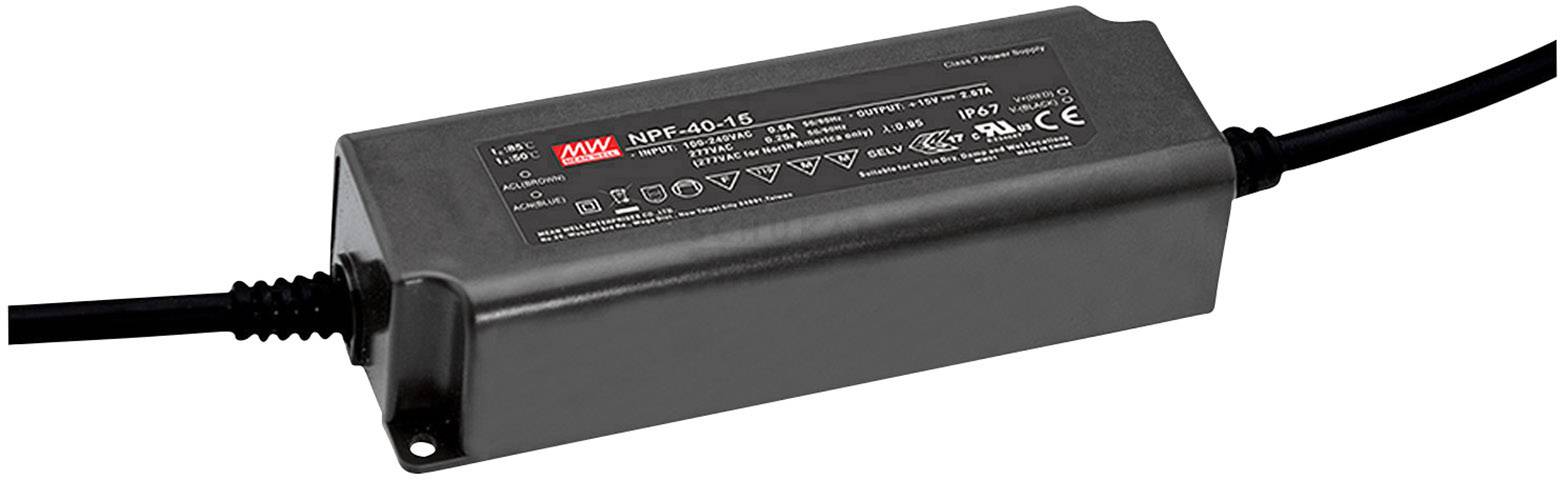 Un pilote LED rectangulaire noir avec du texte blanc sur le dessus, comprenant le nom de la marque et les spécifications techniques.