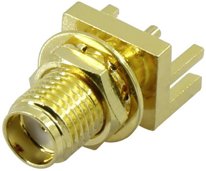 Connecteur coaxial doré, à angle droit, adapté au montage sur circuit imprimé dans les appareils électroniques.