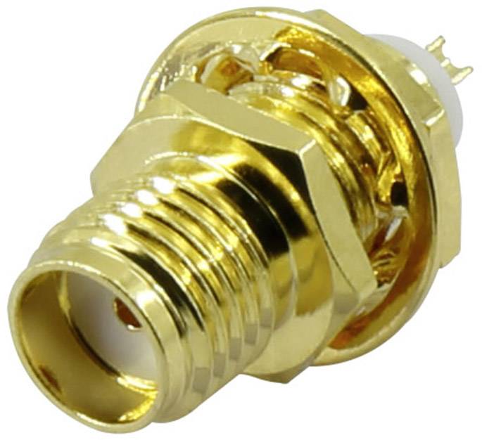 Connecteur coaxial doré, prise SMA, gros plan. Adapté aux applications haute fréquence dans les appareils de communication sans fil.