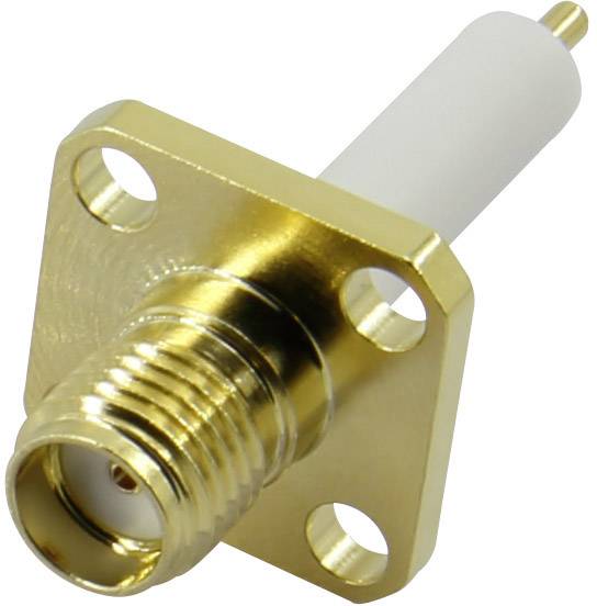 Un connecteur coaxial doré, rectangulaire, fileté, avec quatre trous de fixation.