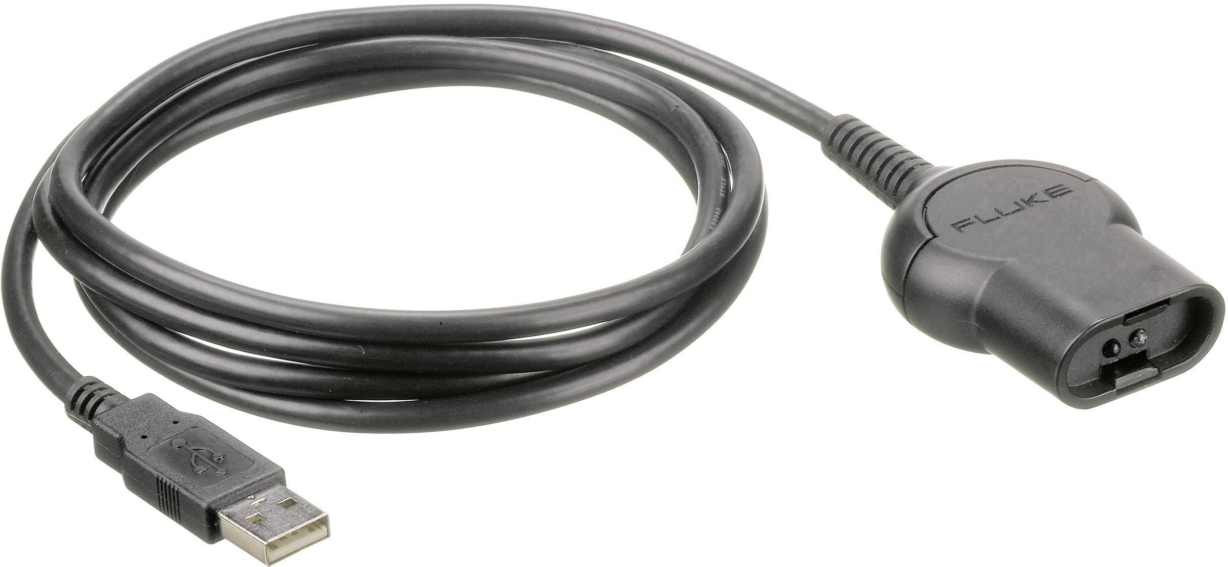 Un câble USB noir avec un connecteur rectangulaire d'un côté et une fiche Fluke spéciale de l'autre côté.