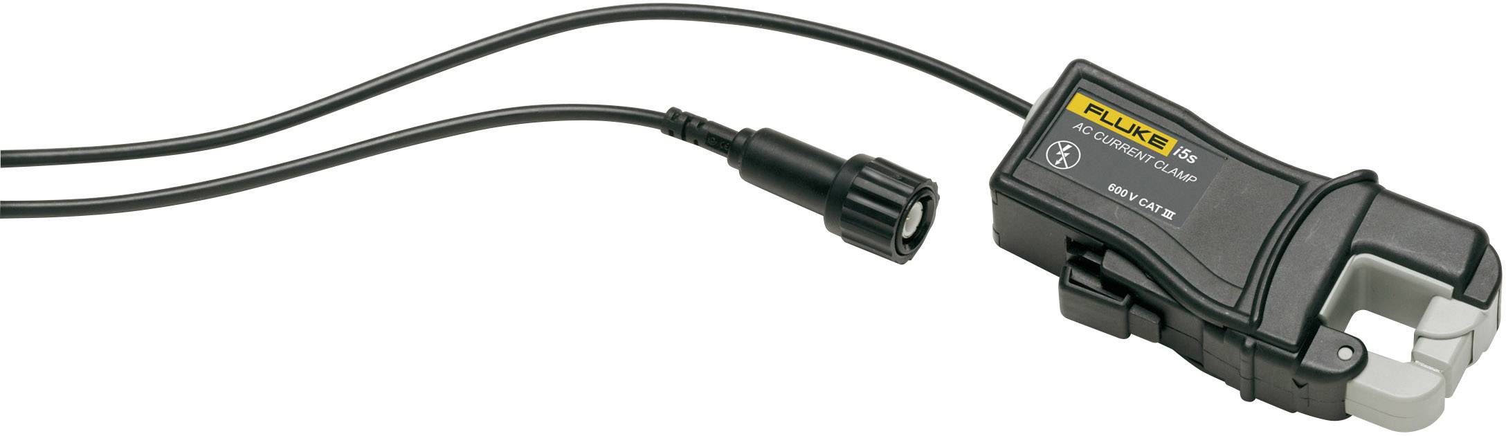 Pince ampèremétrique avec câble, boîtier noir, portant la marque 'Fluke'. Conçue pour mesurer les courants électriques dans les câbles.