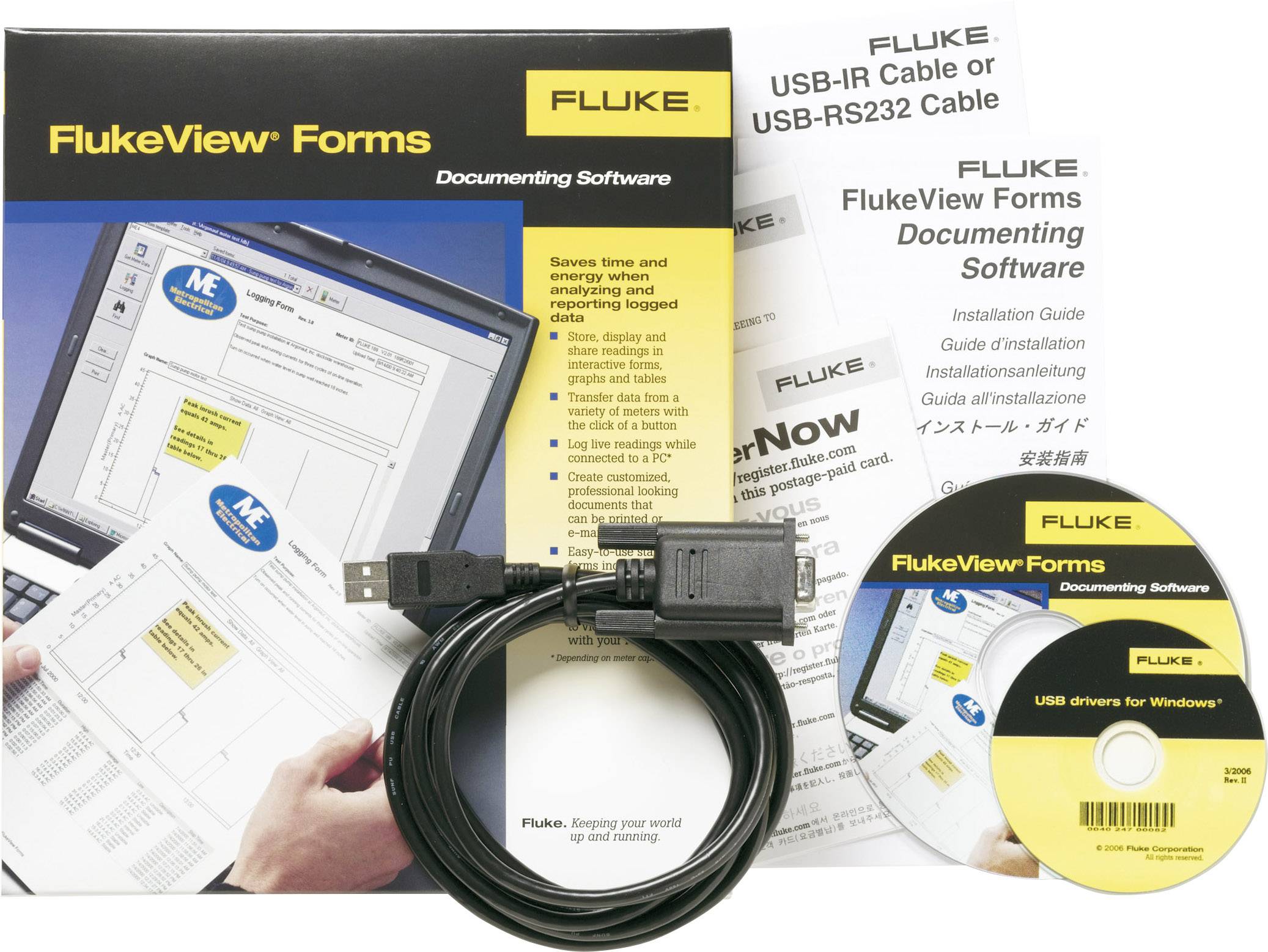 Paquet comprenant le logiciel FlukeView Forms, un câble USB et des manuels. Objectif principal : logiciel de documentation pour appareils de mesure.