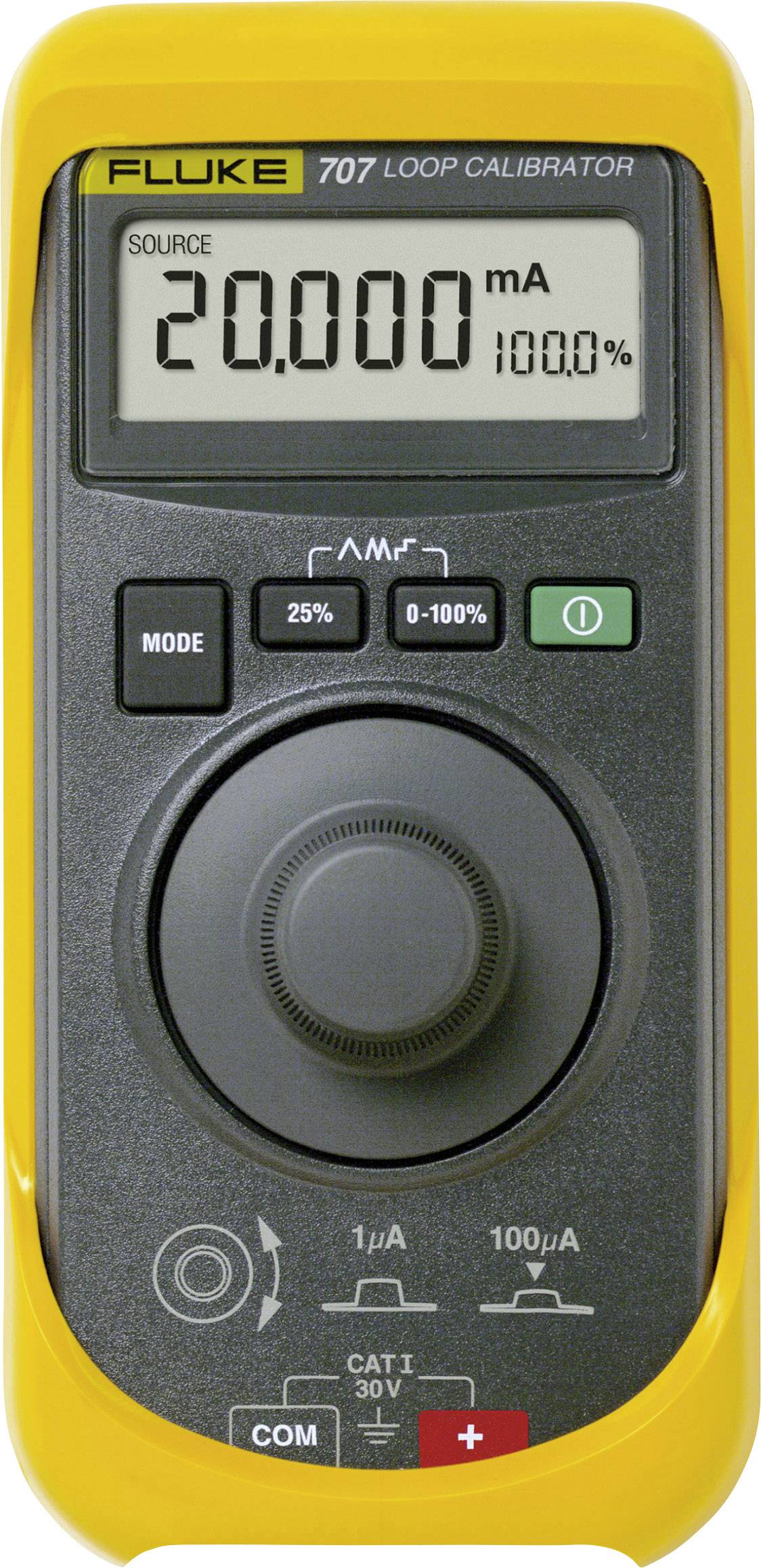 Un appareil de calibration de boucle Fluke 707 jaune affiche une mesure de '20,000 mA' sur l'écran.