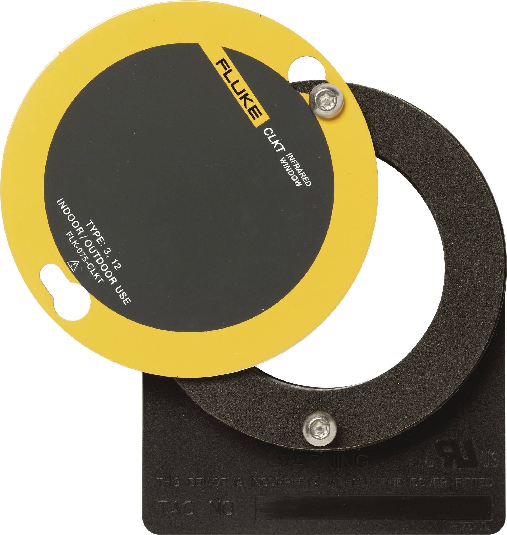 Composant d'appareil jaune et noir portant l'inscription 'FLUKE' et des spécifications indiquant son utilisation en intérieur ; il dispose de trous de fixation.