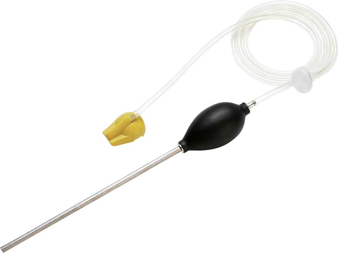 Un tuyau flexible avec une valve en plastique jaune, relié à un ballon en caoutchouc noir et à un long tube métallique étroit.